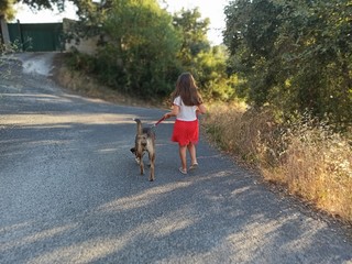 young kid taking the dog