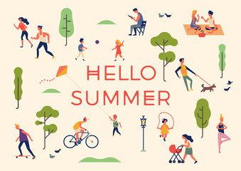 Hello Summer banner, poster or card template with people enjoying their time outdoors in park, riding bicycle, jogging, walking, playing ball, doing yoga, flying kite, having picnic, reading