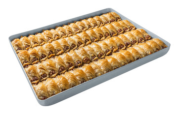 Turkish baklava, oriental sweets on a metal tray, isolated on white background. Horizontal format.