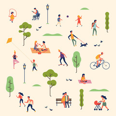 Lovely summer landscape pattern with group of people spending free time outdoors in park, enjoying nature, jogging, skating, playing ball, doing yoga, flying kite, jumping rope, having picnic and more © Mascha Tace