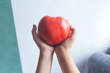 A large red tomato in the shape of a heart in hands on a light background. Love symbol, Valentine's day. Cardiology, medicine, health.