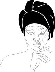 a linear drawing of a female image in a scarf or towel. Spa, beauty salon, magazine, cosmetology, creams, woman