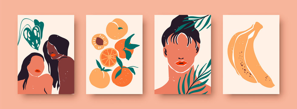 Abstract Women Portrait Set, Trendy Diverse Woman Illustration Collection With Tropical Nature Decoration And Still Life Fruit. Wall Print Template For Fashion, Feminist, Or Beauty Concept.