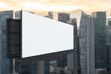 Blank white road billboard with Singapore cityscape background at sunset. Street advertising poster, mock up, 3D rendering. Side view. The concept of marketing communication to sell idea.