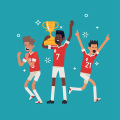 Soccer league champions concept vector illustration with soccer team players celebrating golden cup they just won. Cheerful football trophy winning