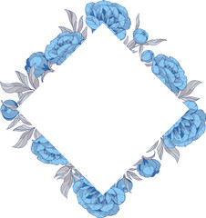frame with blue peonies flowers, Hand drawn vector illustration.