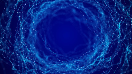 Technology wireframe tunnel on blue background. Futuristic 3D grid. Digital dynamic wave. 3D rendering.