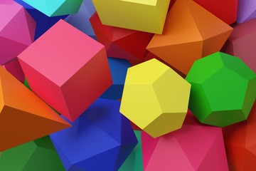 Polyhedra of different colors. Platonic solids. 3d illustration.