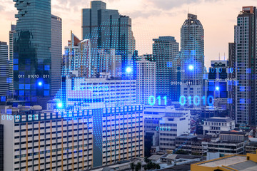 Obraz premium Glowing hologram of Earth planet map on aerial panoramic cityscape of Bangkok at sunset, Asia. The concept of international business. Multi Exposure.