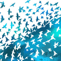 Fototapeta premium Bird watercolor. A flock of colorful birds. Mixed media. Vector illustration