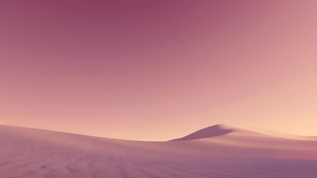 Abstract sandy desert landscape with massive sand dunes covered by dust clouds under fantastic pink cloudless sky at dusk. Panoramic view minimalist concept 3D animation rendered in 4K