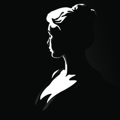 Female white silhouette on a black background. Profile of a girl on black. Vector graphics.