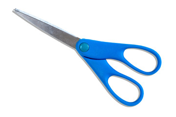 Pair of blue handle scissors isolated on white