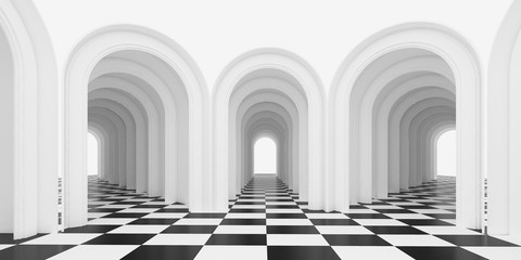 Many White arches are arranged in a tunnel long way to the end of the floor is checkered pattern, visual feelings showed exit. Problem solving ways to find success. Key to success, 3D render