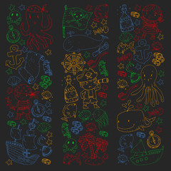 Vector pirate set in cartoon style. Sweet card with pirates, ship, whale, crab, octopus, mermaid, rum, anchor, treasure, fish, island and parrot.