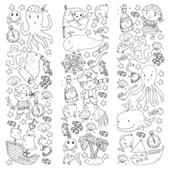 Vector pirate set in cartoon style. Sweet card with pirates, ship, whale, crab, octopus, mermaid, rum, anchor, treasure, fish, island and parrot.