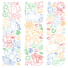 Vector pirate set in cartoon style. Sweet card with pirates, ship, whale, crab, octopus, mermaid, rum, anchor, treasure, fish, island and parrot.