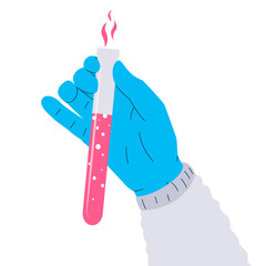Test tube in the hand. Vector illustration of a gloved hand holding a test tube. Icon of a bright pink fluid in a vial. Concept of vaccine, chemical expirements, medical research, science achievement