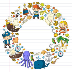 Fototapeta premium Vector pirate set in cartoon style. Sweet card with pirates, ship, whale, crab, octopus, mermaid, rum, anchor, treasure, fish, island and parrot.