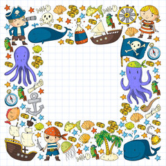 Vector pirate set in cartoon style. Sweet card with pirates, ship, whale, crab, octopus, mermaid, rum, anchor, treasure, fish, island and parrot.