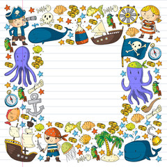 Obraz na płótnie Canvas Vector pirate set in cartoon style. Sweet card with pirates, ship, whale, crab, octopus, mermaid, rum, anchor, treasure, fish, island and parrot.