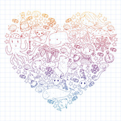 Vector pirate set in cartoon style. Sweet card with pirates, ship, whale, crab, octopus, mermaid, rum, anchor, treasure, fish, island and parrot.