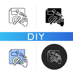 DIY designing black glyph icon. Engineering blueprint. Technical scheme. Architect plan for project. Structure development. Linear black and RGB color styles. Isolated vector illustrations