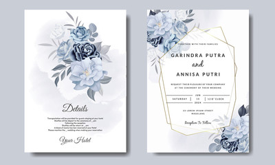  Romantic  Wedding invitation card template set with  blue  floral leaves Premium Vector