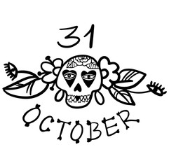 31 october Halloween, lettering made from human bones. Elegant Skull. Day of the dead.  Floral Decorated skull. Vector illustration. Doodle element for logo, label,  Vector illustration