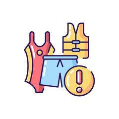 Swim suits RGB color icon. Clothing for water park recreation. Male and female swimwear. Female swimsuit, life vest and swim shorts isolated vector illustration