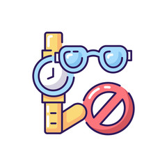 Obraz na płótnie Canvas No jewelry rule RGB color icon. Aquapark safety policy. Water park, pool restricted items. Wristwatch and eyeglasses with stop sign isolated vector illustration