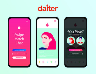 Dating app design inspired by Tinder style. People match social media Mockup. Teender application. Online dating, virtual love. Vector illustration