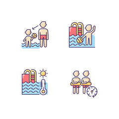 Public swimming pool RGB color icons set. Aqua park rules, keeping distance and watching children. Water temperature, kids pool. Isolated vector illustrations