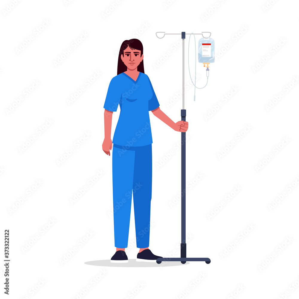 Poster nurse semi flat rgb color vector illustration. medical staff. female health professional. young hisp