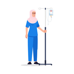 Nurse semi flat RGB color vector illustration. Registered nurse. Medical personnel. Female medic. Young arab doctor with intravenous pole isolated cartoon character on white background