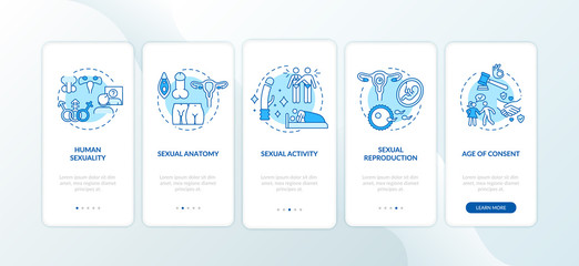 Human sexuality blue onboarding mobile app page screen with concepts. Healthy reproduction walkthrough 5 steps graphic instructions. UI vector template with RGB color illustrations