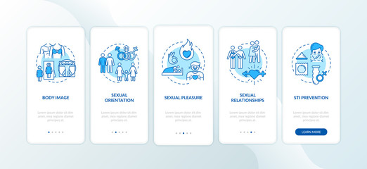 Sexual relationship blue onboarding mobile app page screen with concepts. Intimate intercourse walkthrough 5 steps graphic instructions. UI vector template with RGB color illustrations