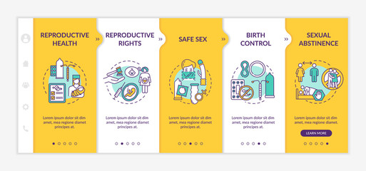 Reproductive system health onboarding vector template. Sexual education. Protection from disease, infection. Responsive mobile website with icons. Webpage walkthrough step screens. RGB color concept