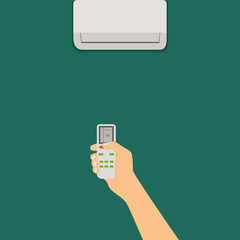 Hand holding the ac remote, turn on the ac remote , flat design vector premium illustration