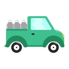 Car with milk in flat style. Fresh nutrition. Vector rustic illustration. Business concept. Healthy lifestyle. Natural product.