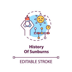 History of sunburns concept icon. Severe skin disorder. Ultraviolet radiation burn. Inflammation. Sunburned skin idea thin line illustration. Vector isolated outline RGB color drawing. Editable stroke