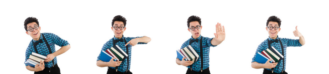 Funny student with stack of books