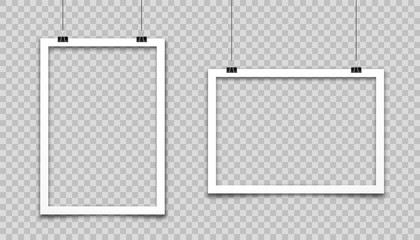 Realistic hanging empty photo card frame, film set. Retro vintage photograph. Digital snapshot image. Template or mockup for design. Vector illustration.