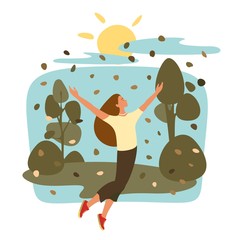 Happy young woman walking in autumn leaves. Fall season colorful vector illustration for card, poster, flyer.
