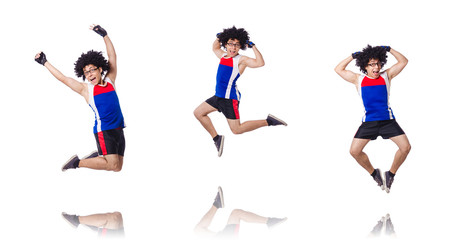 Funny man exercising isolated on white