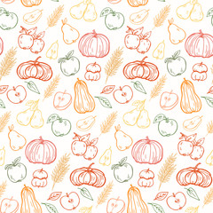 Autumn harvest,
fruits, vegetables, mushrooms, berries, basket,
flowers and leaves are hand draw, doodle sketch style. Fall Floral color seamless pattern, vector isolated.