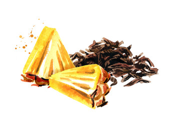 Heap of dry tea leaves and pineapple slice. Hand drawn watercolor illustration isolated on white background