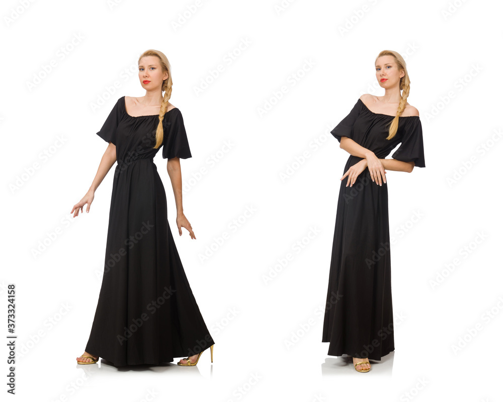 Wall mural tall woman in long black dress isolated on white