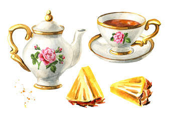 Teapot, cup of tea and pineapple slice set. Hand drawn watercolor illustration isolated on white background