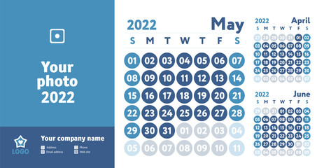 May 2022 calendar. Blue color planner design. English calender. Vector template. Week starts on Sunday. Business planning.